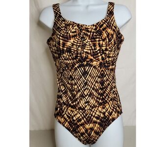 Lands End 10P Womens One Piece Swimsuit Abstract Print Ruched Back Detail